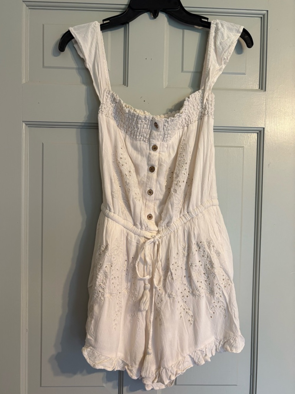 White Eyelet Tie-Waist Cotton Romper